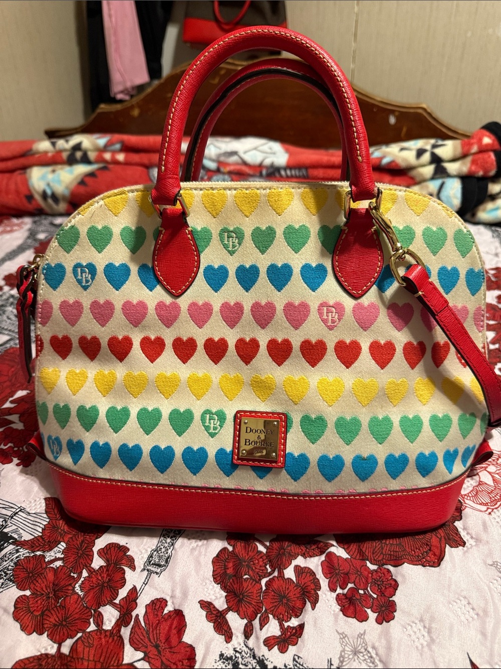 Dooney & Bourke Red Trim Multi-Color Heart Print Satchel